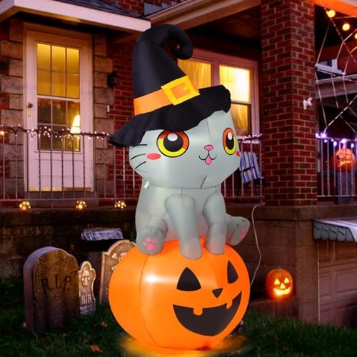 GOOSH 6 FT Halloween Inflatables Cat Outdoor Decorations Blow Up Yard Cute Wizard Cat Sitting Pumpkin with Built-in LEDs for Garden Lawn Indoor Party Decor