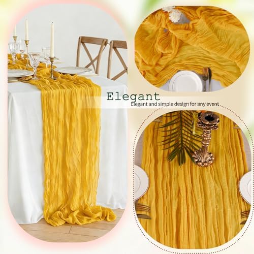 12 Pcs Gold Cheesecloth Table Runner 10Ft, Golden Yellow Gauze Table Runners 21.5 x 120 inch,Semi Sheer Cheese Cloth Fabric Runner Bulk for Wedding,Party,Baby Shower,Bridal Shower