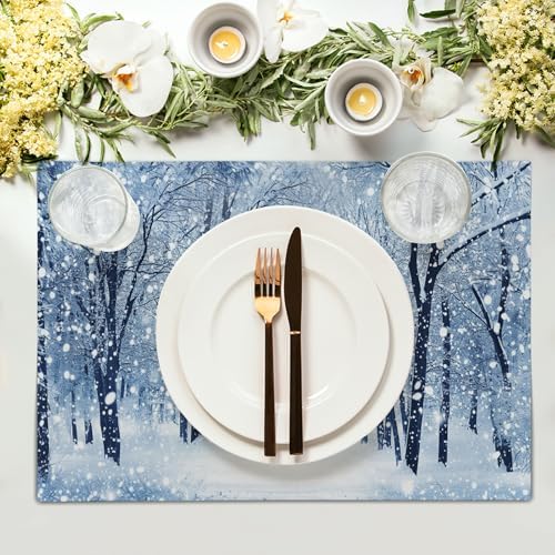 Winter Placemats Set of 6 18x12 Inch Snow Snowflake Forest White Holiday Linen Place Mat Heat-Resistant Washable Wipeable Winter Sence Table Mat for Party Kitchen Dining Home Decor