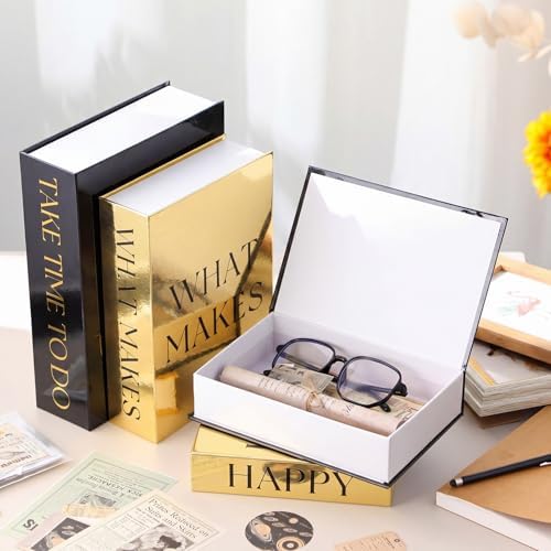 Sabary Set of 4 Decorative Books Boxes Faux Books Stacked for Coffee Tables Modern Home Bookshelves DIY Crafts Decor (Black and Gold,Inspirational Themes)