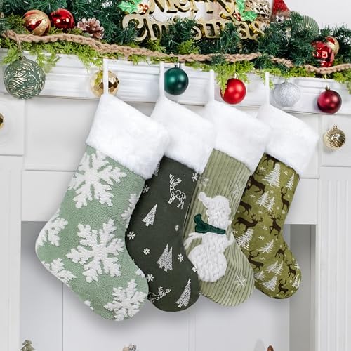 LUBOT Set of 4 Pack Christmas Stockings Applique Sequin Embroidery Craft Mix Plush Classic Rustic Large Family Xmas Stocking Set Fireplace Hanging Holiday Decor