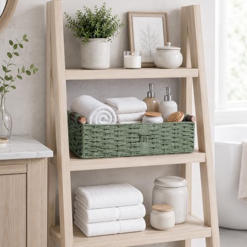 Round Paper Rope Storage Basket Wicker Baskets for Organizing with Handle Decorative Storage Bins for Countertop Toilet