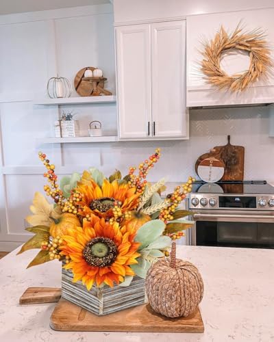 DILATATA Fall Decor Autumn Harvest Floral Centerpiece with Artificial Sunflowers Lambs Ear Gourd and Berries Arrangement for Thanksgiving Party Mantel Fall Decor