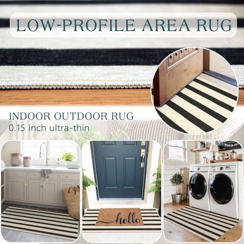 Front Door Mat Indoor Entrance - 2x4.3 Ft Black White Striped Rug
