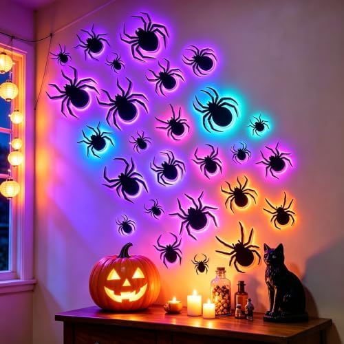 DIYASY 36 Pcs Halloween Lighted Spider Wall Decor, 3D Light up Spider