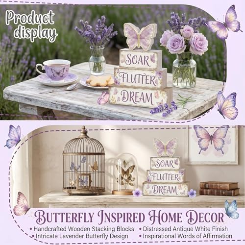 Britimes Tiered Tray Decor Set, 4 Pack, Wooden Table Sign, Butterfly Floral