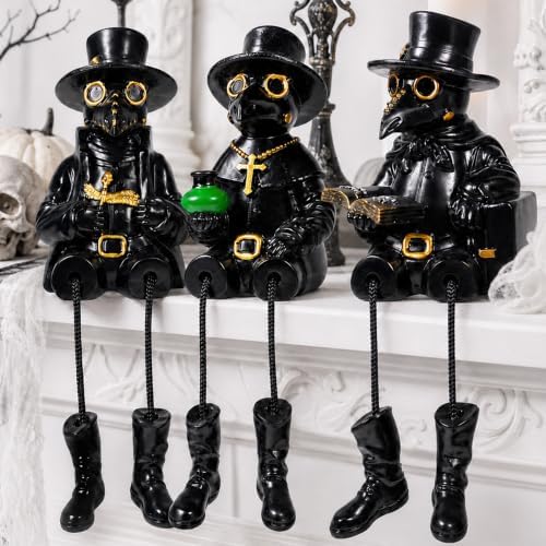 Exasinine 3 Pcs Halloween Plague Doctor Figurines with Dangling Legs Resin Gothic Crow Shelf Sitting Statues for Halloween Table Fireplace Indoor Gothic Home Decor Ornaments