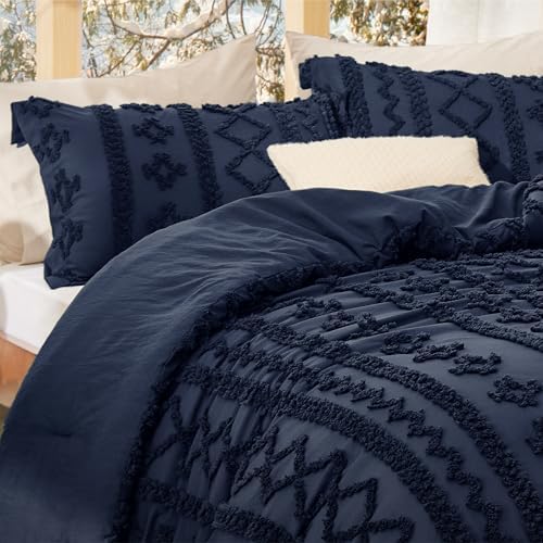 Bedsure Tufted Boho Comforter Set Queen Size - Navy Boho Bed Set, GentleSoft™ 3 Pieces Farmhouse-Style Embroidery