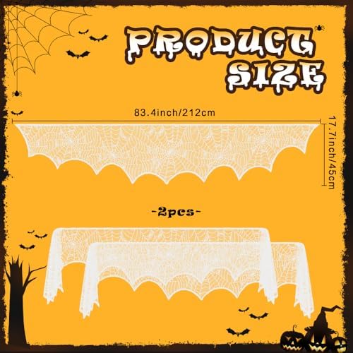 2 Pcs Halloween Mantle Scarf, White Lace Spiderweb Fireplace Mantel Scarf, Halloween Fireplace Decor Cover Garland for Door Window Indoor Curtain Festive Party Supplies, 18 x 83 Inch