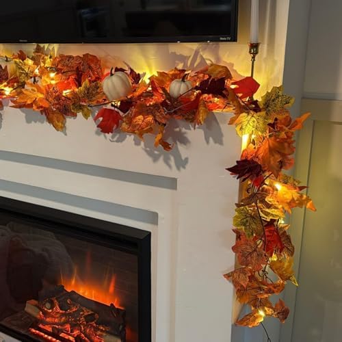 CQURE 12 Pack Fall Leaf Garland,Artificial Fall Vines Autumn Garland Fall Maple Leaves Thanksgiving Decor for Home Wedding Fireplace Christmas(Light..)