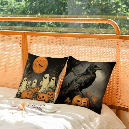 YeeJu Set of 4 Halloween Pillow Covers 12x12 Inch Cute Ghost Pumpkin Decor Throw Pillow Covers Black Plaid Happy Halloween Cushion Covers Linen Pillow Cases for Home Outdoor Sofa Couch (12 by 12)