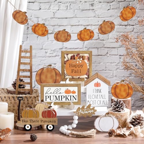 Reallnaive 18 Pcs Fall Thanksgiving Tiered Tray Decor Set Pumpkin Wood Sign Hello Fall Rustic Farmhouse Tray Decoration Tabletop Sign for Autumn Home Kitchen Festival(Classic Pumpkin)