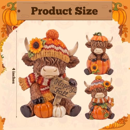 Simgoing 3 Pcs Happy Fall Highland Cow Figurines Pumpkin and Sunflower Cow