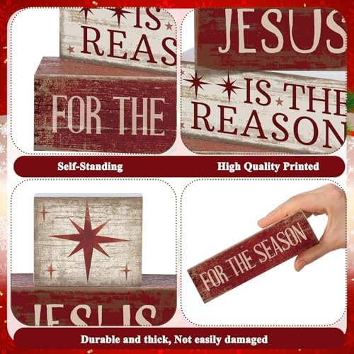 Lineshading 4 Pcs Christmas Farmhouse Wooden Block Signs Jesus Tiered Tray