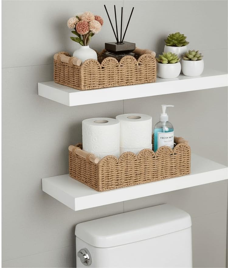 Scalloped Decorative Baskets for Over Toilet Shelves / Neutral / Small