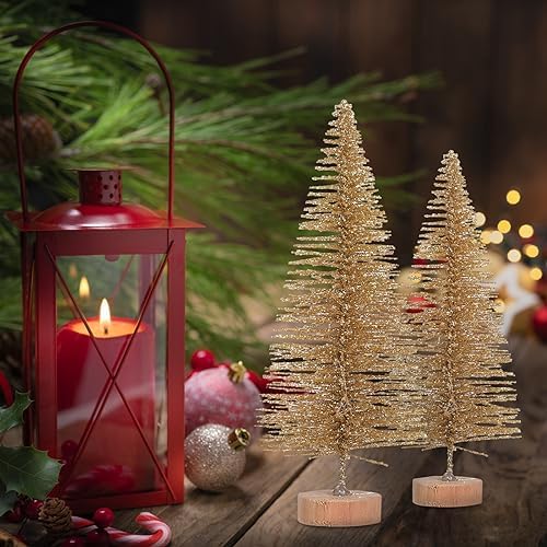 8pcs Mini Christmas Tree, Artificial Bottle Brush Trees with Wood Base, Tabletop Miniature XmasTrees with 4 Small Christmas Wreath, Fake Xmas Tree Ornament, White Christmas Tree for Christmas Décor