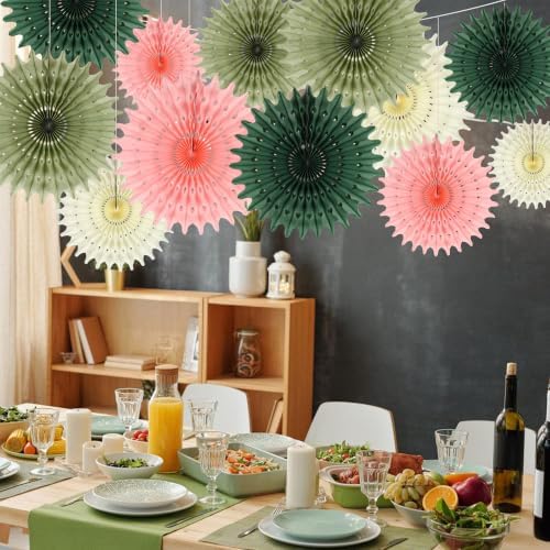 BestoFun 12PCS Pink Sage Green Hanging Paper Fans Decoration – Thin Tissue Paper Honeycomb Fan Ornaments, Hanging Fans for Wedding, Birthday, Baby Shower, Home & Party Décor
