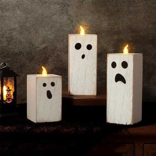 Halloween Decorations: 3pcs Cute White Ghost Decor, Farmhouse Wooden Ghost Sign with Flameless LED Tea Lights, Rustic Room Decor for Kids Home Office School Desk Fireplace