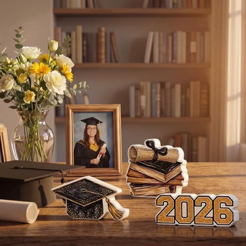 Smile 2026 Graduation Wooden Standing Decor Set, 3-Piece Grad Cap & Diploma Book Stack Tiered Tray Tabletop Signs for Graduation Party Decorations