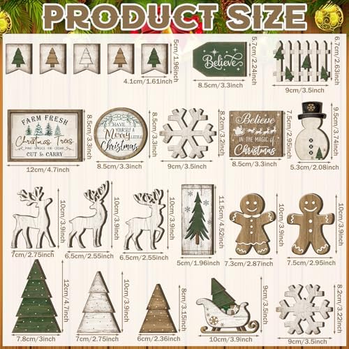 Shellwei 22 Pcs Christmas Tiered Tray Decor Set Wood Rustic Gingerbread Christmas Decoration Winter Farmhouse Decor Xmas Trees Gnome Elk Snowflake Signs for Table Shelf Home Centerpiece (Fresh)