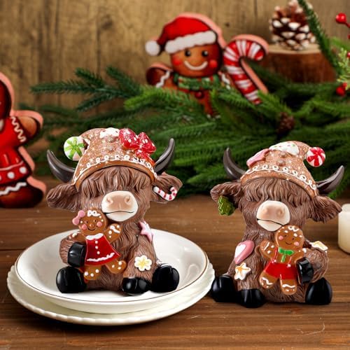 Karenhi 2 Pcs Highland Cow Figurines Resin, Gingerbread Christmas Decor