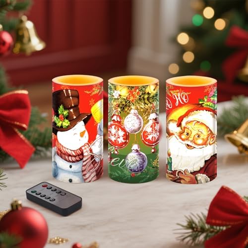 Retisee 3 Pcs Christmas Flameless Candles with Remote Timer Real Wax LED Flickering Pillar Candle White Cold Light Battery Operated for Home Window Xmas Gift Winter Holiday Decor(Red Green)