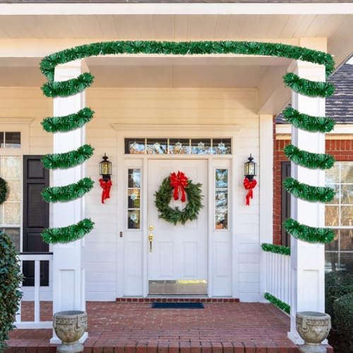 50Ft Green Christmas Garland Decorations,Xams Greenery Tinsel Stems Non-Lit Soft Twist Garland Decor for Tree Stairs Railing Front Door Mantle Fireplace Indoor Outdoor Holiday Home