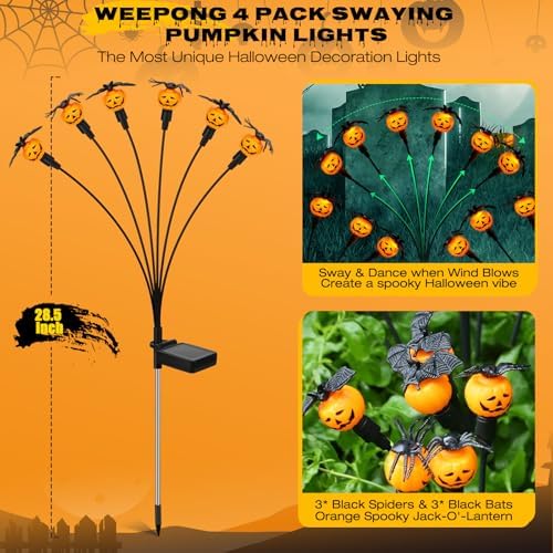Weepong Halloween Decorations Outdoor 4 Pack Solar Lights, 24 LED Scary Pumpkin Swaying Firefly Lights with Spider & Bats for Outside Garden Yard Lawn Grave Cemetery Ghost Decor Party, Orange