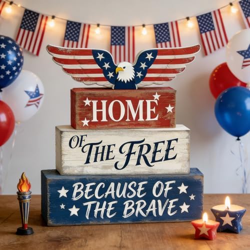 4th of July Table Decorations Patriotic Memorial Day Tiered Tray Decor Wooden Eagle Block Signs Independence Farmhouse 250th July Fouth Centerpiece for Tables Wooden Sign for Home Decor