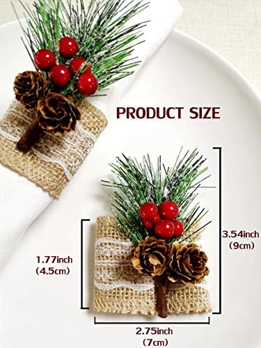 Burlap Napkin Rings Set of 6, Rustic Napkin Rings Handmade by Pinecones and Berries, Napkin Ring for Christmas Wedding Thanksgiving Dinner Table Decor
