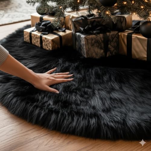 AISENO 48 Inch Black Faux Fur Christmas Tree Skirt - Halloween Tree Skirt Plush Holiday Decor for Xmas Tree, Festive Party, Home Decorations