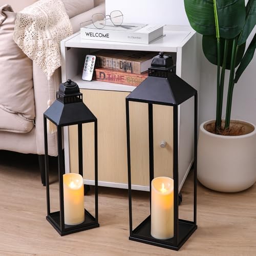 Large Lanterns Decorative Outdoor Indoor, 23" 19" Floor Lantern with Candle