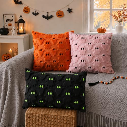 DFXSZ Halloween Pillow Covers 12x20 Black Ghost Plush Halloween Decor095F12