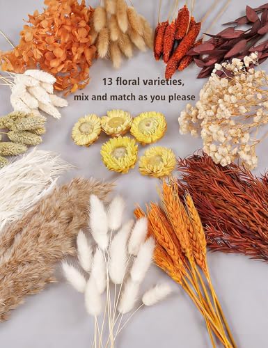 DIY Dried Flower Set, Bulk Dried Flowers Bouquet, Dried Flower Vase Arrangement, Autumn Decoration,Dried Flowers with Stems. (Fall)