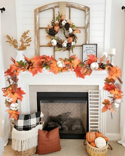 DearHouse 6ft Pumpkin Fall Maple Leaves Garland - Artificial Autumn Foliage Hanging Vine for Thanksgiving, Home, Wedding, Fireplace, Party, Christmas Decor (Orange & Brown)