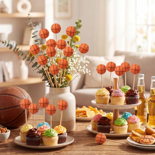 Soulchen 24 Pcs Basketball Centerpiece Sticks Set 1.57inches Basketball Balls with 7.87inches Sticks for Basketballs Themed Party Decorations Sports Banquet Table Centerpieces Team Event Decor