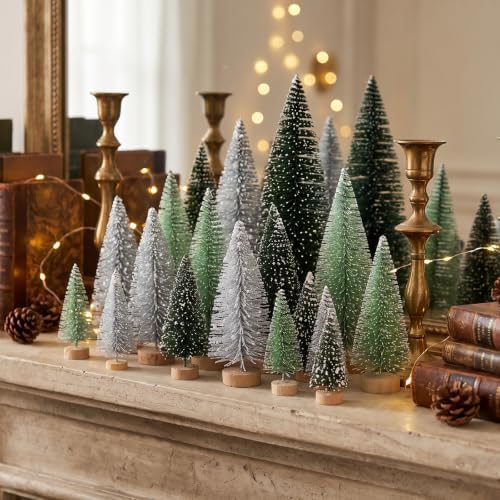 30pcs Mini Christmas Trees Artificial Christmas Tree Bottle Brush Trees with Wooden Base for Christmas Decor Party Home Table Craft Decorations (Silver,Green)
