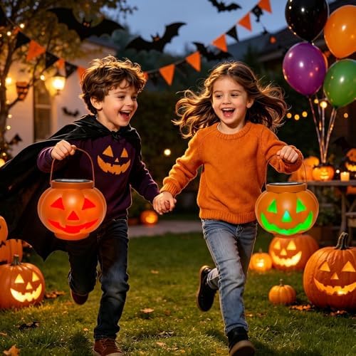 BRIGHTDECK Halloween Pumpkin Solar Lanterns 2 Pack, Jack O Lantern Pumpkin Lights for Halloween Decorations Outdoor, Weatherproof & Portable Fall Yard Decor (2Pack Red＆Green)