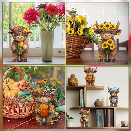 Simgoing 4 Pcs Seasonal Highland Cow Figurines, Spring Summer Fall Winter Gnomes 4 Seasons Highland Cow Home Decor Table Centerpieces Scottish Resin Statue Calf Gifts for Home Garden Kitchen Office
