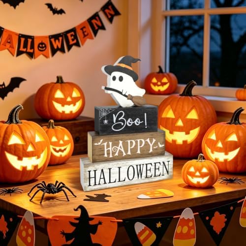 4Pcs Halloween Table Decorations Indoor, Farmhouse Halloween Cute Ghost Block Decorations, Rustic Ghost Table Centerpieces Signs Tiered Tray Decor for Home Mantel Shelf Office Party Supplies
