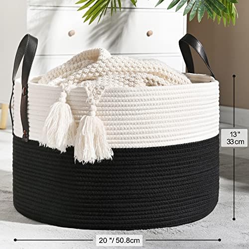 KAKAMAY Large Blanket Basket (20"x13"),Woven Baskets for storage Baby Laundry Hamper, Cotton Rope Blanket Basket for