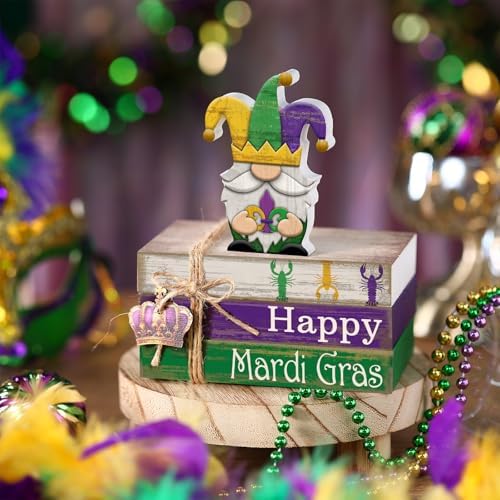 4 Pcs Mardi Gras Decorations Wooden Mardi Gras Table Centerpiece Crawfish Gnome Carnival Tiered Tray Decorations Mini Wooden Faux Books Stack Signs for Masquerade Office Tabletop Bookshelf