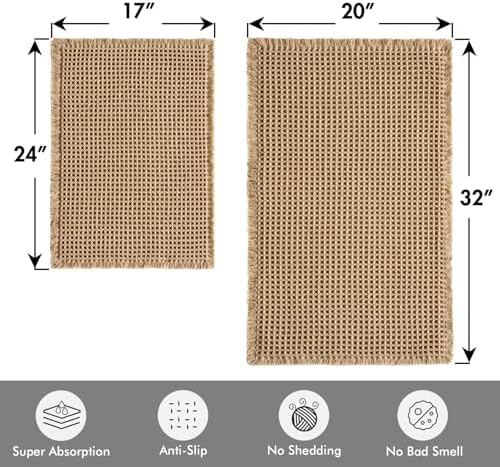 MIULEE Set of 2 Waffle Bathroom Rugs Boho Bath Mat Brown 17"x24"+20"x32"