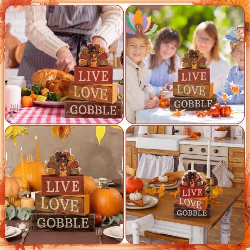 Lineshading 4 Pcs Thanksgiving Wooden Block Signs Turkey Tiered Tray Decor