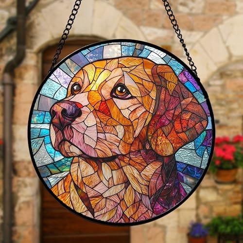 Golden Dog Stained Glass Window Hanging Suncatcher Gifts for Women 6.3"
