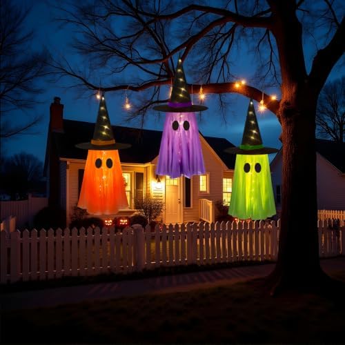 DAZONGE 3 Pack Light-up Halloween Hanging Witch Ghost Decor Outdoor