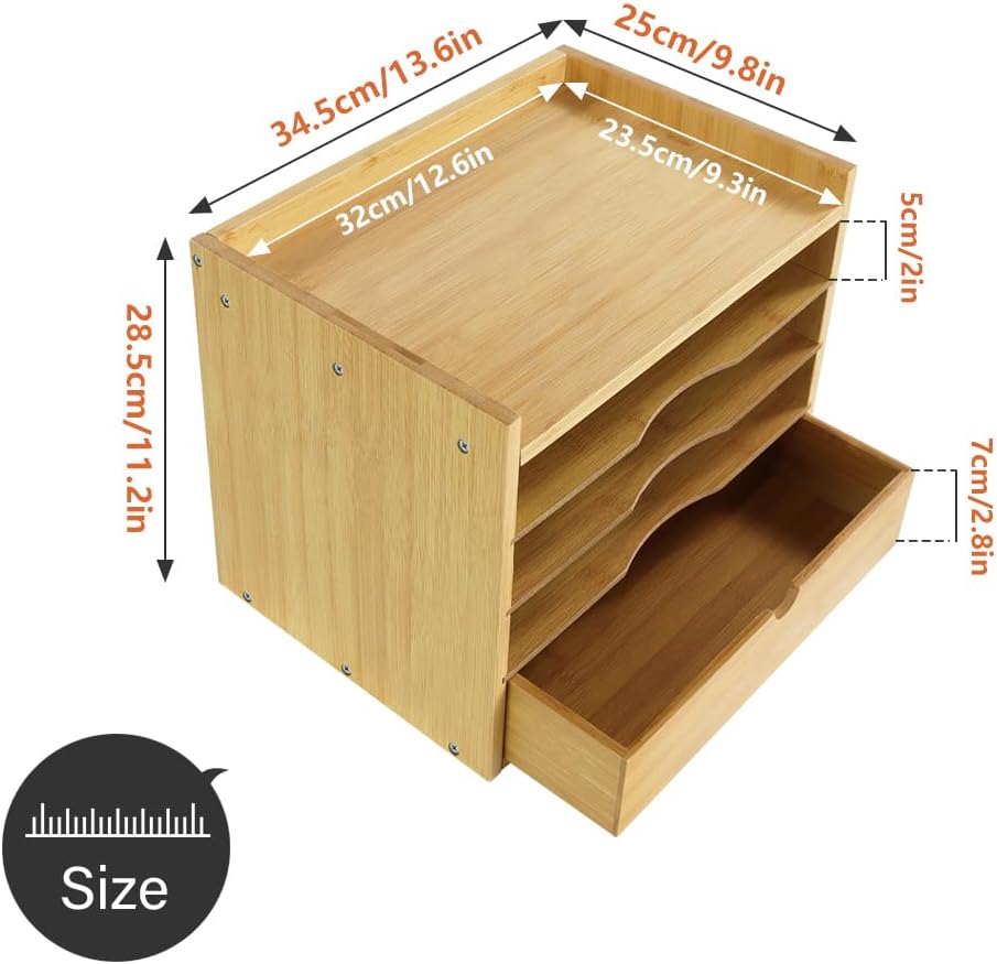 KKTONER 5-Tier Bamboo Desk Organizer with Drawer Tabletop File Organizer Document Holder with Shelf Desktop Cabinet for