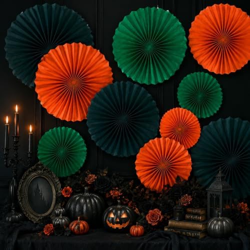Paper Round Fan Set (12 Pcs) - 8/10/12/14 Inch Grass Green, Dark Green, Orange Hanging Paper Fans for Graduation, Birthday, Sports Party, Classroom, Baseball Party, Shop Window Decor