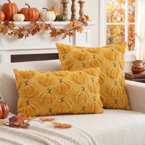 Artscope Pumpkin Fall Throw Pillow Covers 16x16 Set of 2, Autumn Soft Plush Faux Fur Decoration Cushion Covers for Thanksgiving Holiday Couch Sofa Bedroom Home Decor-Mustard Yellow