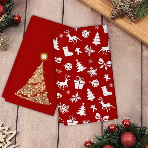 JOOCAR Red Christmas Kitchen Towels Bright Kitchen Decor Dish Towels Set of 2, 16x27 Inch Seasonal Gold Christmas Tree Drying Dishcloth, Cartoon Christmas Decoration Hand Towels